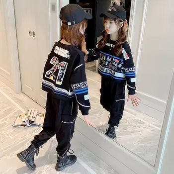 Детский Спортивный костюм для девочек 2022 года, Новая Осенняя Детская Модная куртка с длинными рукавами + Брюки, Повседневная Студенческая одежда из двух предметов, Костюм