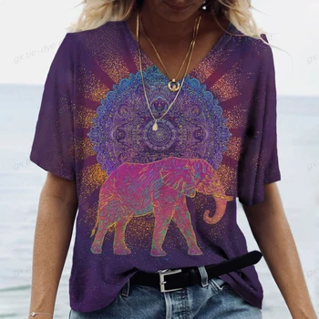 2023 новая повседневная одежда в стиле харадзюку, футболка с рисунком слона, женская летняя удобная и дышащая женская футболка с V-образным вырезом