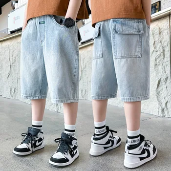 Летние тонкие джинсовые шорты для мальчиков в корейском стиле, модные детские свободные короткие штаны длиной до колена, брюки для отдыха для детей-подростков от 4 до 14 лет