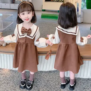 Детская одежда, платье для девочек в элегантном стиле, модные повседневные коричневые платья с воротником принцессы Питера Пэна для детей от 5 до 15 лет