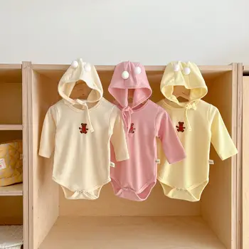 Ins Корейский демисезонный комбинезон для новорожденных девочек, хлопковое боди с длинными рукавами и принтом, стрейчевое боди для маленьких девочек со шляпой, одежда для маленьких девочек