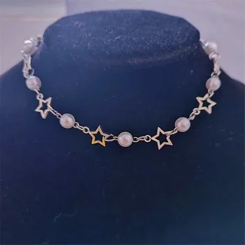 Эстетичное Ожерелье из Бисера с Жемчужным Сердечком и Звездами Fairy Core Egirl Grunge Y2k Accessories