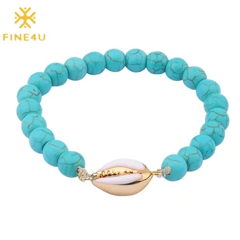 FINE4U B322 Браслет из бусин из натурального камня 8 мм сине-бирюзовые эластичные браслеты для женщин