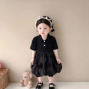 Летнее Платье для маленьких девочек, милые вечерние платья с цветочным узором для девочек, маленькое платье с короткими рукавами для младенцев, детские черные наряды от 1 до 4 лет