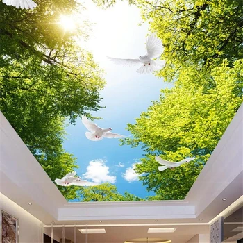 обои на заказ beibehang 3d фотообои Голубое небо и белые облака потолочные обои креативный дом зеленый пейзаж 3D обои