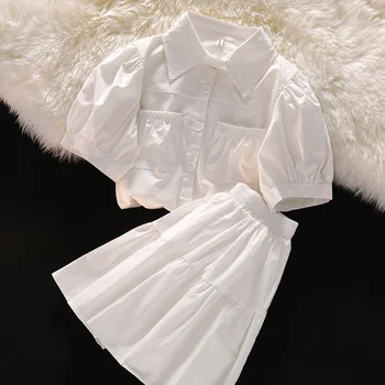 Костюм с юбкой для колледжа для девочек 2023, детская рубашка с карманами и рукавами-пузырями + Детская белая плиссированная юбка, комплект из 2 предметов