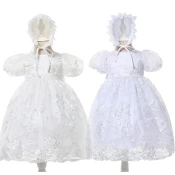 Детское платье для крещения с шапочкой из мягкого кружева, тюля, вышивки, вечернее платье для крещения малышей