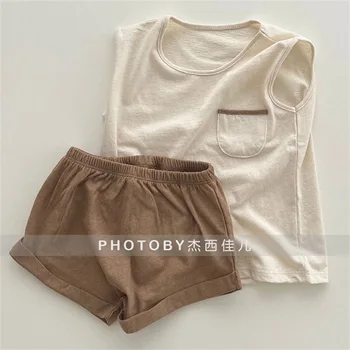 Корейская Версия Ins Simple Vest Shorts Для мальчиков И Девочек Контрастного цвета, Повседневный Комфортный Комплект из Двух предметов