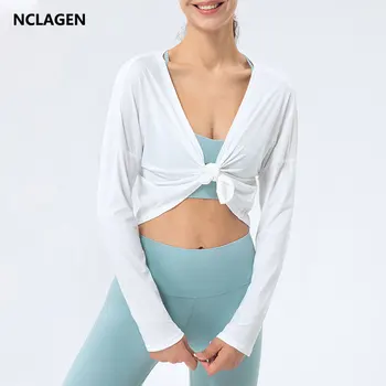 Блузка для йоги NCLAGEN с длинным рукавом, Свободный Повседневный кардиган для фитнеса, Спортивный топ, Тренировочное пальто, спортивный халат, повязка на ягодицы, Юбка