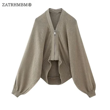 ZATRHMBM, женская осенняя мода 2023, куртки-бомберы из ребристой вязки, пальто, Винтажная асимметричная женская верхняя одежда с длинным рукавом, Шикарные топы