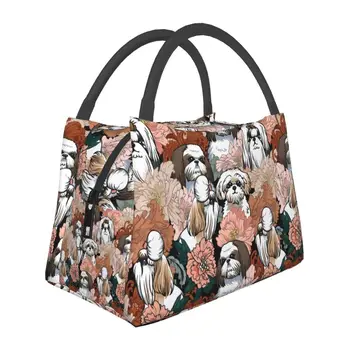 Собака Ши-тцу с цветочным рисунком Изолированная сумка для ланча для домашних животных Портативный термоохладитель Ланч-бокс для еды для кемпинга на открытом воздухе Путешествия