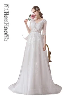 Богемное свадебное платье трапециевидной формы с длинным рукавом и кружевными аппликациями на корсете 2023 Для женщин, летнее платье невесты с V-образным вырезом