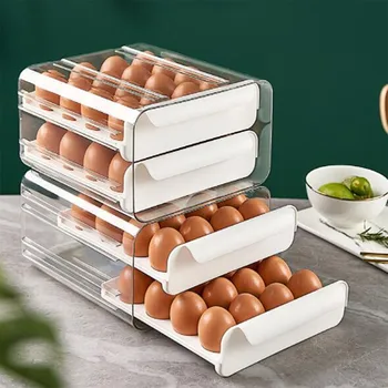 Двухслойная коробка выдвижного типа для хранения яиц, закрытые лотки, контейнеры-органайзеры для холодильника, прозрачный контейнер