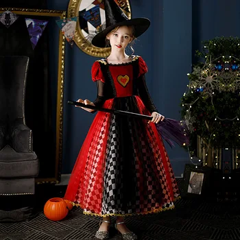 Детский Карнавальный костюм Ведьмы-вампира с Красной Королевой Сердец для девочек, Модное сетчатое платье в клетку, наряды для вечеринок на Хэллоуин, Карнавал