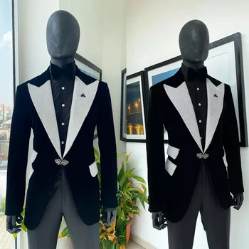 Бархатные мужские костюмы, сшитые на заказ, 2 предмета, Блейзер, черные брюки, Лацкан на одной пуговице, расшитый бисером, деловой свадебный плюс размер, сшитый на заказ