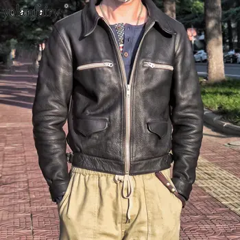 Мужская винтажная куртка из натуральной кожи толщиной 1,6, верхний слой из воловьей кожи с лацканами, короткая куртка с несколькими карманами, мужская кожаная куртка F