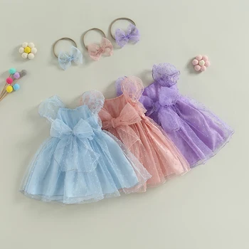 Платье принцессы для девочек в горошек с пышными рукавами, Многослойная сетчатая пачка с цветочным рисунком, платье с бантом, повязка на голову