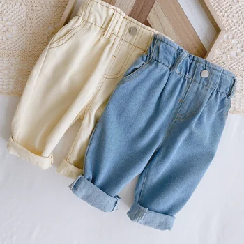 Джинсы 0-3 лет для маленьких весенних девочек Корейские Повседневные брюки с высокой талией Для мальчиков Джинсовые Однотонные брюки Белого цвета 2023