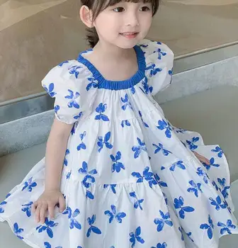 Детская рубашка с цветочным рисунком для девочек, платья с короткими рукавами, платье принцессы