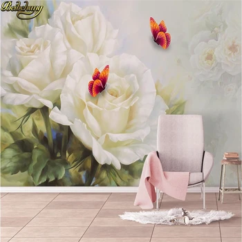 фотообои beibehang на заказ, роспись вручную, красивая белая роза, бабочка, фон для телевизора, обои для стен