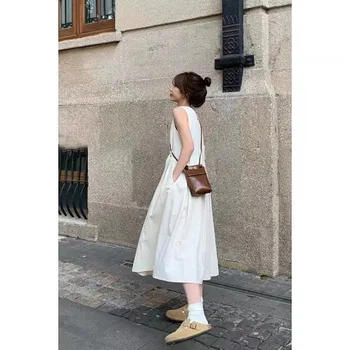 2023 Новое стильное темпераментное белое платье, женское весенне-летнее платье с тонкой талией, жилет без рукавов, юбка трапециевидной формы, длинная