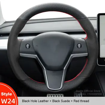 Сшитый вручную Черный Кожаный Чехол Рулевого Колеса Автомобиля Tesla Model 3 2017-2020 Model Y, Аксессуары Для Интерьера