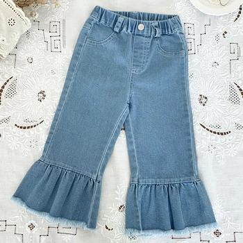 Джинсовые брюки для девочек, осенние расклешенные джинсы для маленьких девочек в корейском стиле, однотонные эластичные узкие Детские джинсовые брюки, повседневные брюки