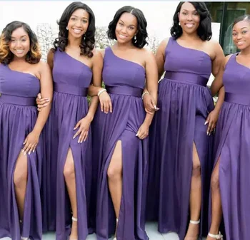 Новые фиолетовые платья подружек невесты на одно плечо Трапециевидной формы из шифона длиной до пола с разрезами до бедра большого размера для свадебных вечеринок