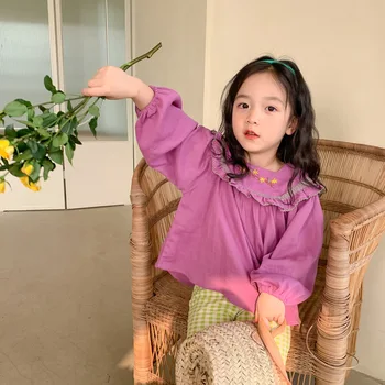 deer jonmi 2022 Весна, блузки принцессы в корейском стиле для маленьких девочек, топы с рукавами-фонариками с цветочной вышивкой, детские винтажные рубашки