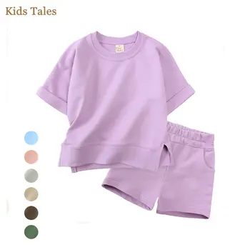 Одежда для малышей для мальчиков и девочек Детские хлопковые пуловеры с короткими рукавами, толстовки, топы, эластичные брюки, однотонный комплект детской одежды из 2 предметов