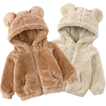 Милая плюшевая детская куртка с капюшоном с медвежьими ушками, весенне-осеннее теплое пальто для маленьких девочек, модная верхняя одежда для мальчиков от 1 до 7 лет, детская одежда