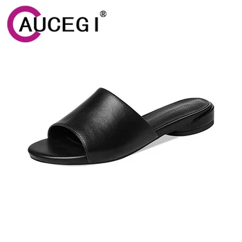 Женские босоножки Aucegi с квадратным носком на толстом каблуке, Новые сандалии из натуральной кожи, Повседневная простая обувь для вечеринок ручной работы, Черный, белый