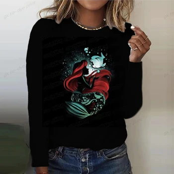 Винтажный топ Disney Mermaid Princess, Женская свободная повседневная рубашка с круглым вырезом, Осенняя футболка с длинным рукавом неправильной формы, платье с рисунком