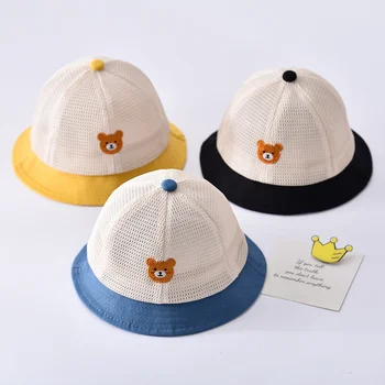 Детская Кепка-ведро, Летняя кепка с мультяшным мишкой, сетчатая дышащая кепка от солнца, солнцезащитный козырек для малышей, Пляжная кепка для пляжа, однотонная пляжная кепка