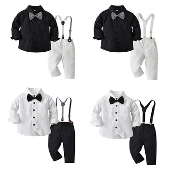 Новая детская весенне-осенняя хлопчатобумажная рубашка с длинными рукавами, брюки с бантиком на ремешке, осенний костюм, детское платье в европейском и американском стиле