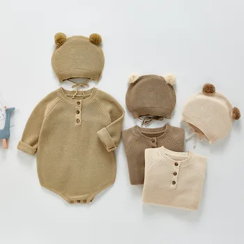 Детская весенне-летняя трикотажная цельнокроеная одежда для новорожденных мальчиков и девочек, милые модные маленькие шапочки, свитер для ползания