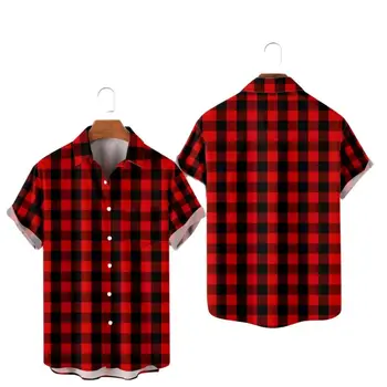 Повседневная летняя мужская блузка с коротким рукавом в красную и черную клетку с гавайским принтом, пляжные топы, рубашки оверсайз
