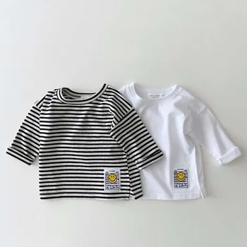 2023 Корейская весна-осень, Детские топы для мальчиков, Хлопковая однотонная полосатая рубашка с вышивкой Smile, Рубашки для мальчиков с длинным рукавом