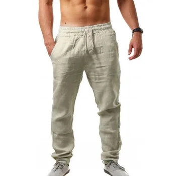 Мужские хлопчатобумажные льняные брюки 2022 Новые Мужские Осенние Дышащие Однотонные льняные брюки для фитнеса Уличная одежда S-3XL