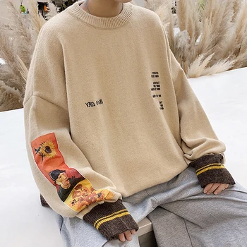 2023 Осенний хлопковый мужской свитер в стиле хип-хоп, пуловер, вязаный свитер с вышивкой картины Ван Гога, винтажные мужские свитера