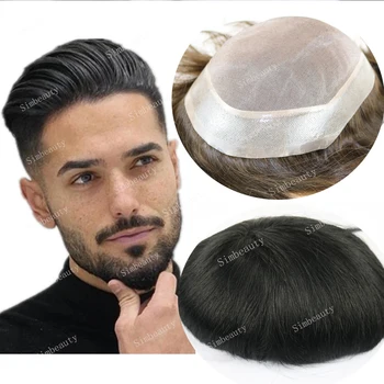 Мужской парик-парик из 100% человеческих волос, дышащее тонкое моно-кружево с полиуретаном вокруг мужского капиллярного протеза, естественная линия роста волос, мужская система