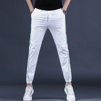 Мужские брюки белые повседневные спортивные штаны летние легкие модные боковые полосы печатных тонкий Fit эластичный пояс брюки для бега