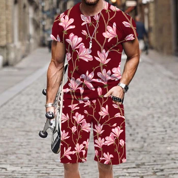 Летние мужские комплекты Футболка + шорты, комплект из 2 предметов, модные брюки с цветами тропических растений, дышащий спортивный костюм Harajuku, костюмы для бега трусцой