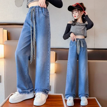 Джинсы для девочек-подростков, детские широкие брюки, весенние новые модные прямые эластичные джинсовые брюки, детская одежда
