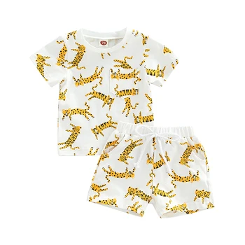 Комплект детской одежды для малышей, футболка с короткими рукавами и круглым вырезом с рисунком тигра, шорты с эластичной резинкой на талии