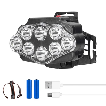 Налобный фонарь с 8 светодиодными индикаторами заряда батареи, открытый кемпинг, Рыбалка, светодиодная фара, Водонепроницаемая фара, Налобный фонарь с USB-подключением