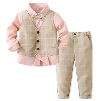 Детская одежда Наряды для мальчиков 1, 2, 3, 4, 5 лет Розовая рубашка с клетчатым жилетом и брюками Детский Джентльменский официальный свадебный костюм Осенняя одежда