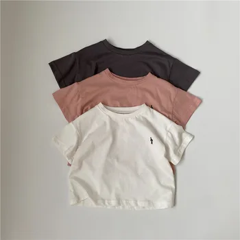 Детская футболка 2023 года, летняя новая однотонная хлопковая футболка с вышивкой в корейском стиле для мальчиков и девочек, хлопковая льняная футболка