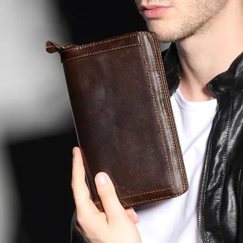 Мужской кошелек из натуральной кожи на двойной молнии, мужской кошелек, деловой длинный кошелек для телефона, мужские сумки