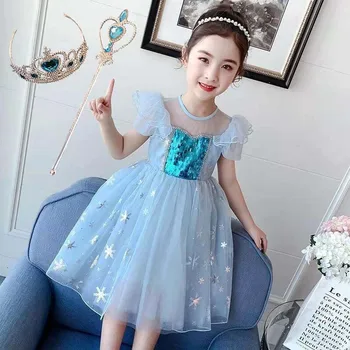 Летнее платье Снежной королевы для девочек-подростков с модным принтом Сетчатые платья принцессы для девочек 3-10 лет праздничное платье